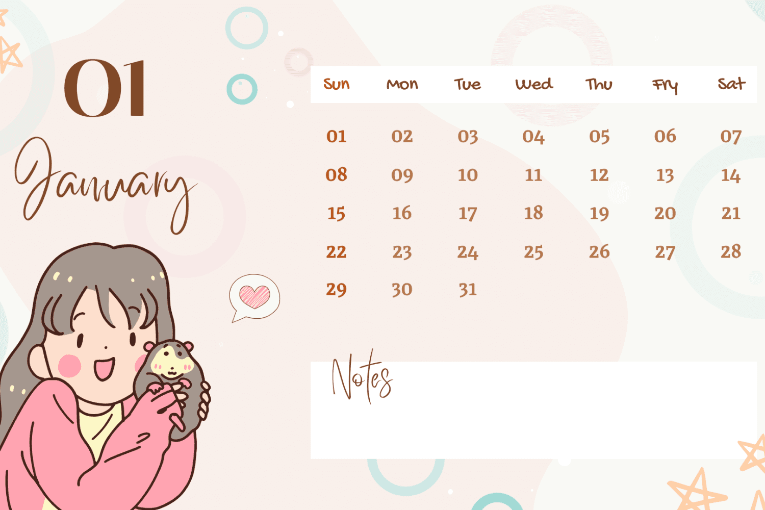 Calendar for January with a drawn girl with an animal in her hands.