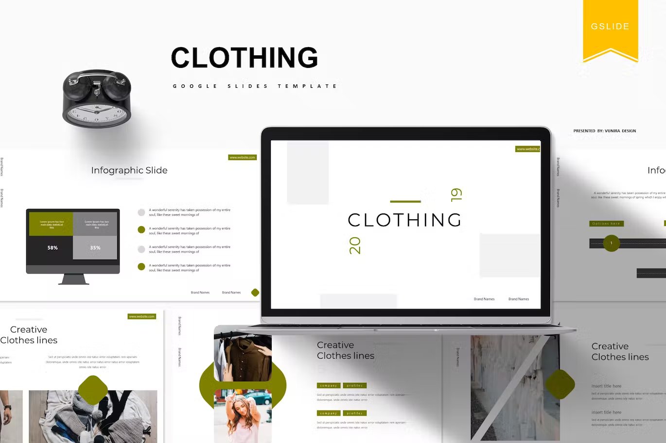 Black lettering "Clothing Google Slides Template" and different templates on a gray background.