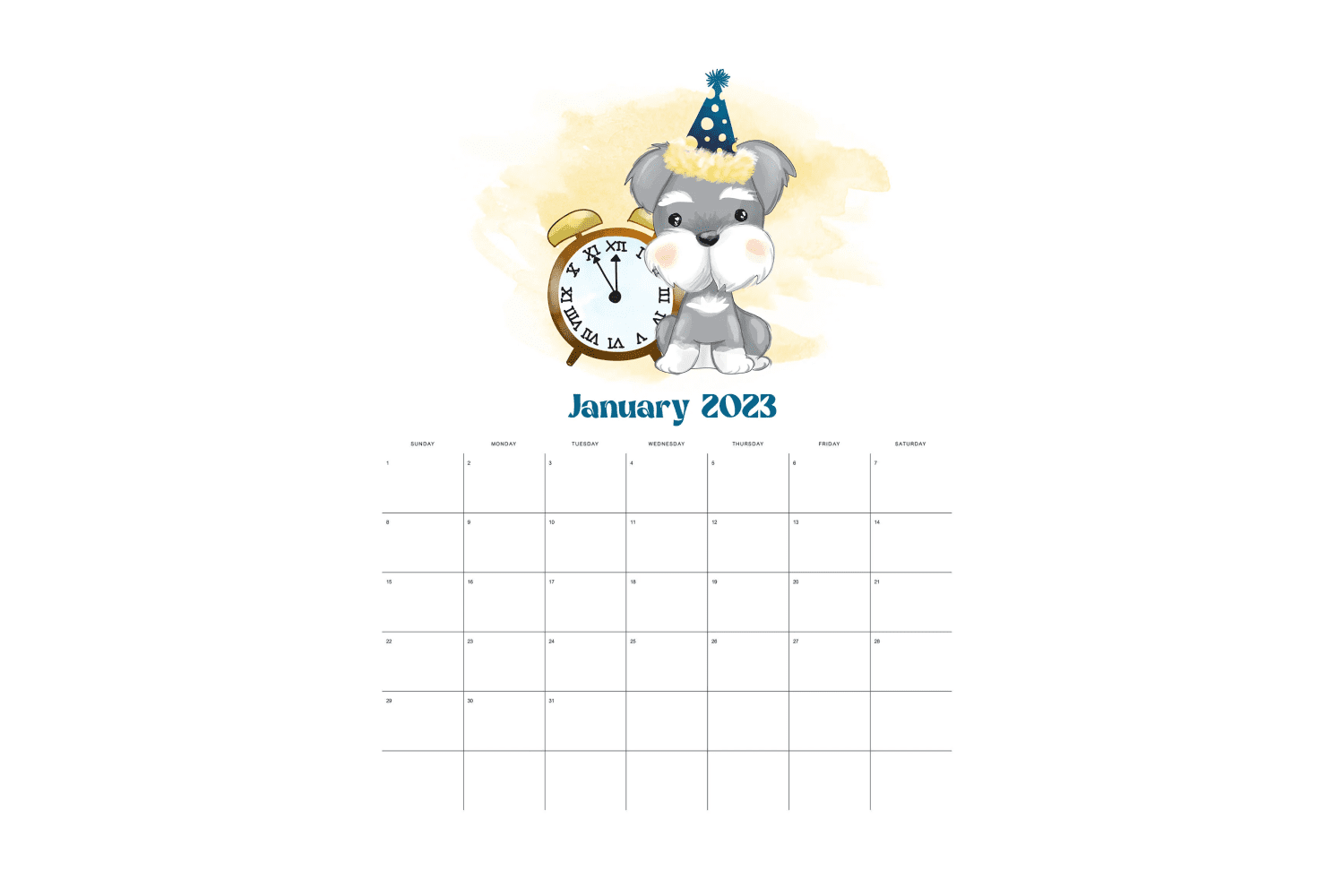 January calendar with drawn dog and table clock.