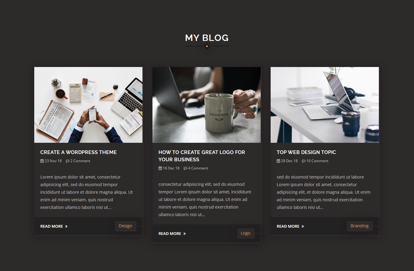 Slide with 3 blog posts on a dark gray background.