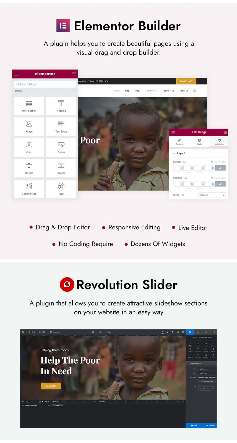 Elementor builder and revolution slider pages.