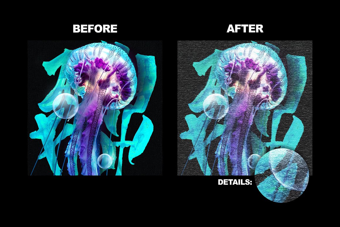 Illustration before and after of a jellyfish on a black background.