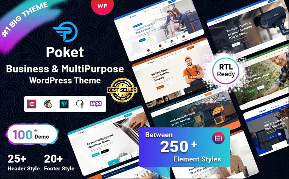 Cover with white lettering "Poket Business & Multipurpose WordPress Theme" and different templates of homepage.