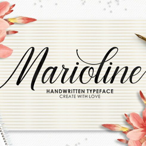 Black lettering "Marioline" on a gray background with flower illustrations.