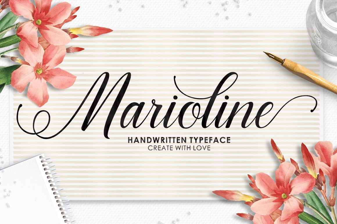 Black lettering "Marioline" on a gray background with flower illustrations.