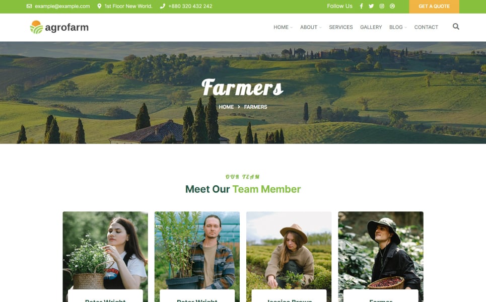 Perfect page with banner "Farmers" and your team members.
