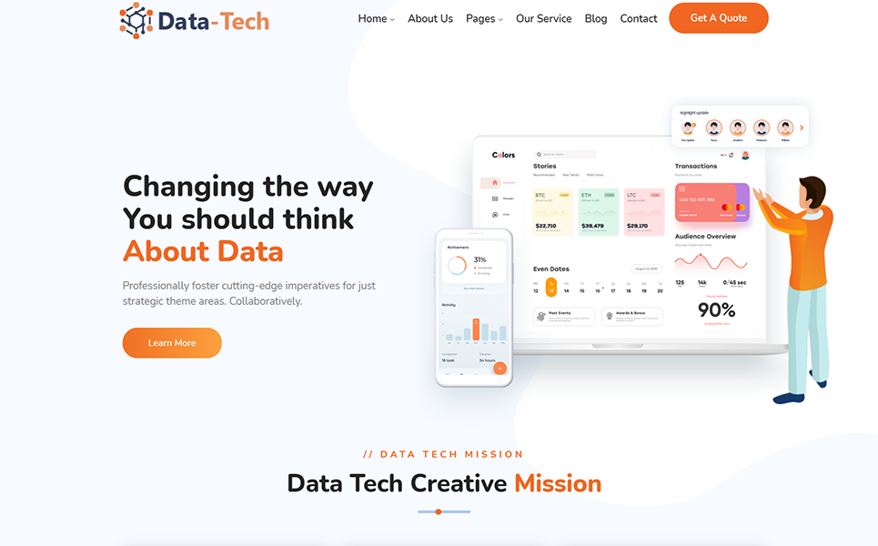 White and orange homepage of datatech data science & ai tech and iot wordpress theme.