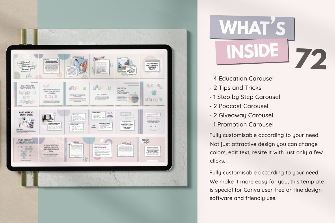 Bulleted list of "What's inside" an text sections with mockup of ipad.