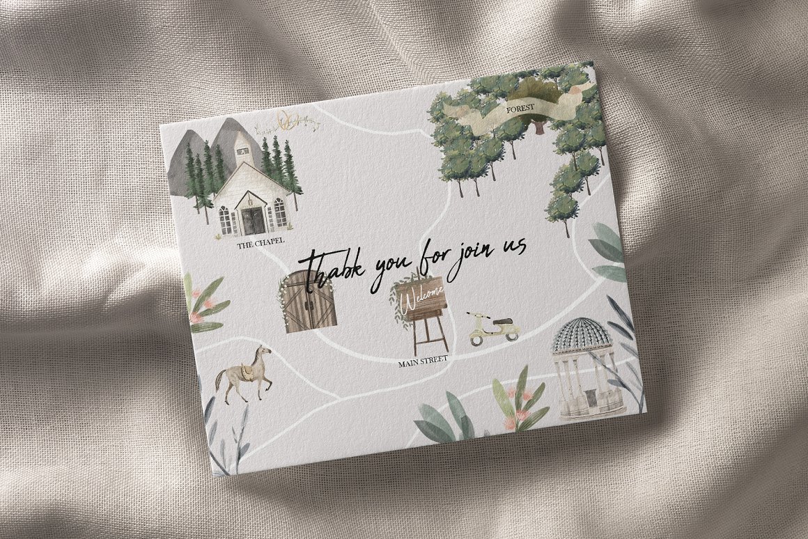 White card with black lettering "Thank you for join us" and different illustrations.