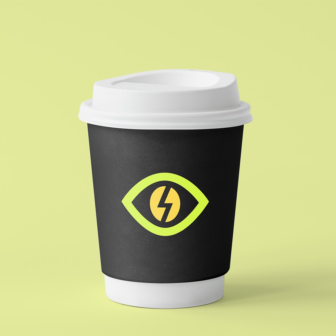 Black cup with a neon coffee grain logo.