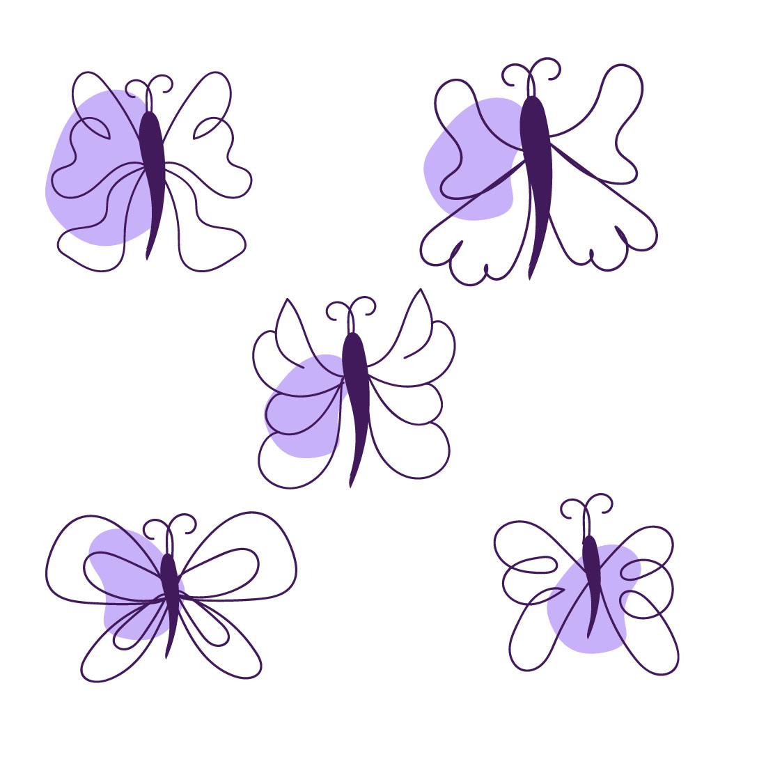 Set of four purple butterflies on a white background.