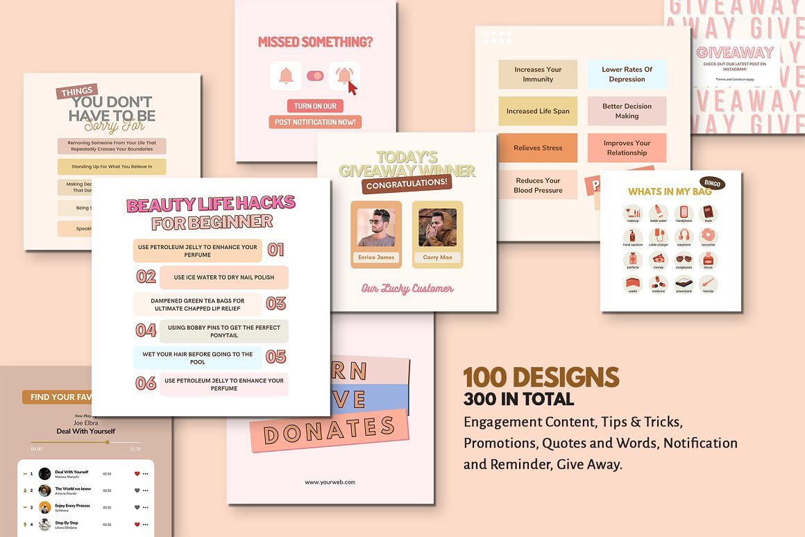Brown lettering "100 designs", black lettering and different Instagram post templates on a pink background.