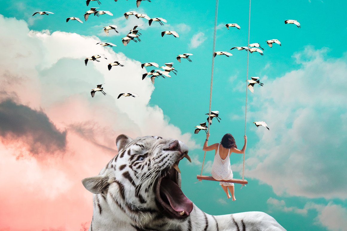 Illustration of a girl on the swing and a tiger against the sky.