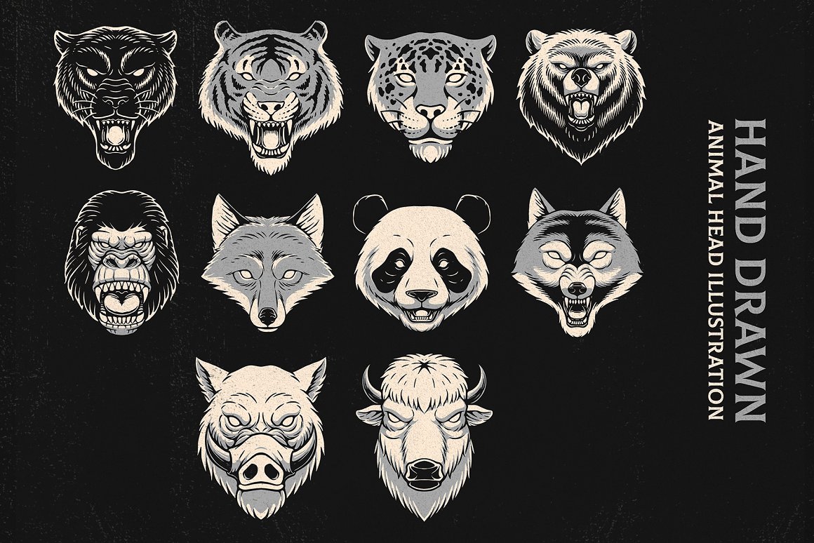A set of 10 different illustrations of animal on a black background.