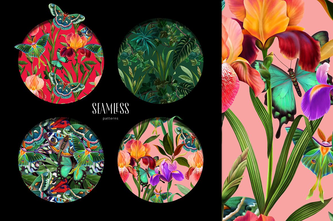 4 different round floral seamless patterns on a black background.