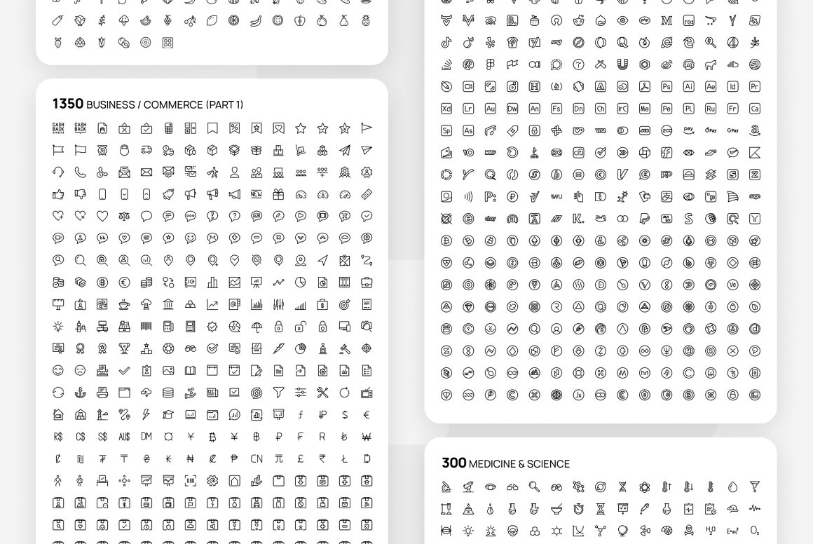 Pack of 1350 business/ commerce (part 1) and 300 medicine & science icons on a gray background.
