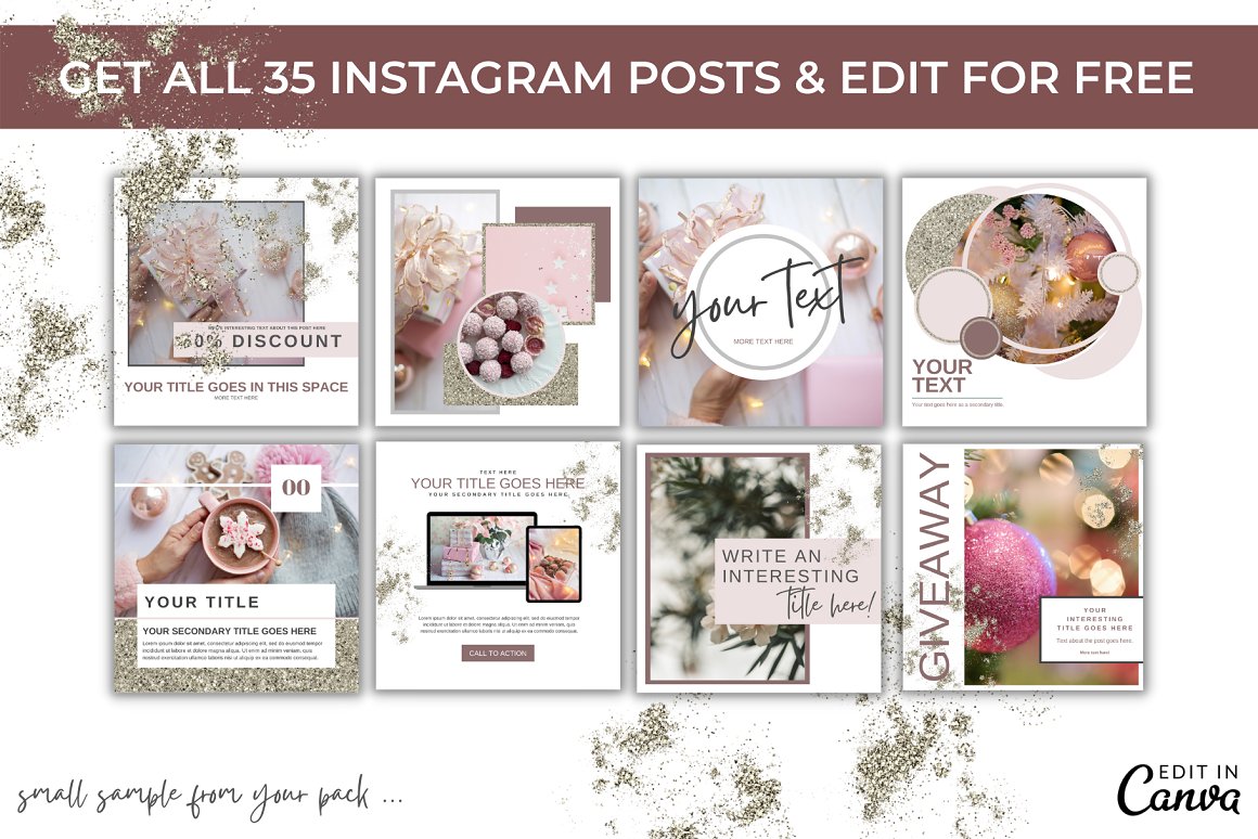 White lettering "Get all 35 Instagram posts & edit for free" and 8 templates.