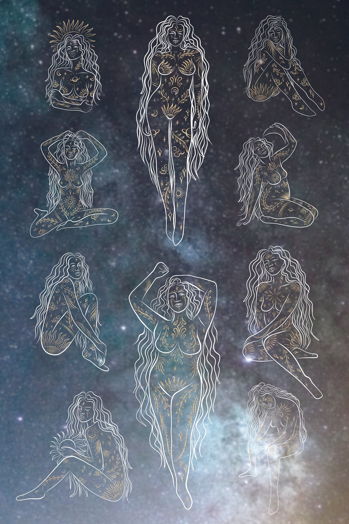 A set of different white and golden illustrations of goddess of space.