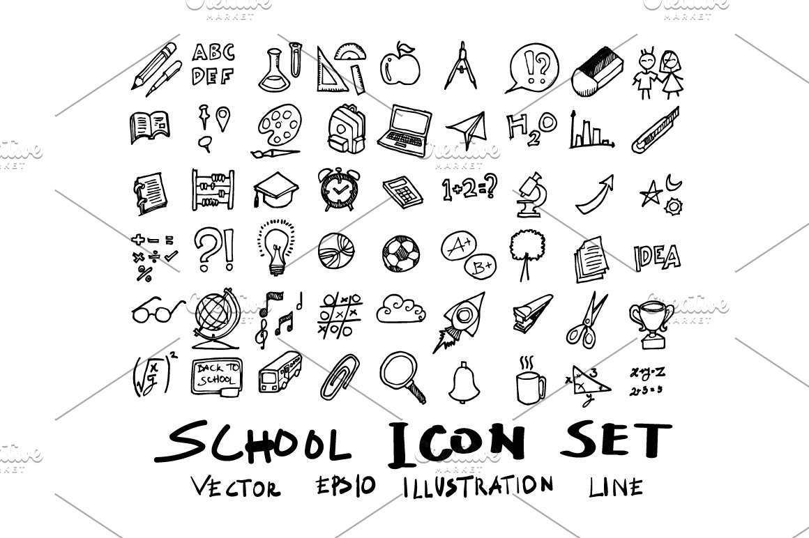 School black doodle icons pack on a white background.
