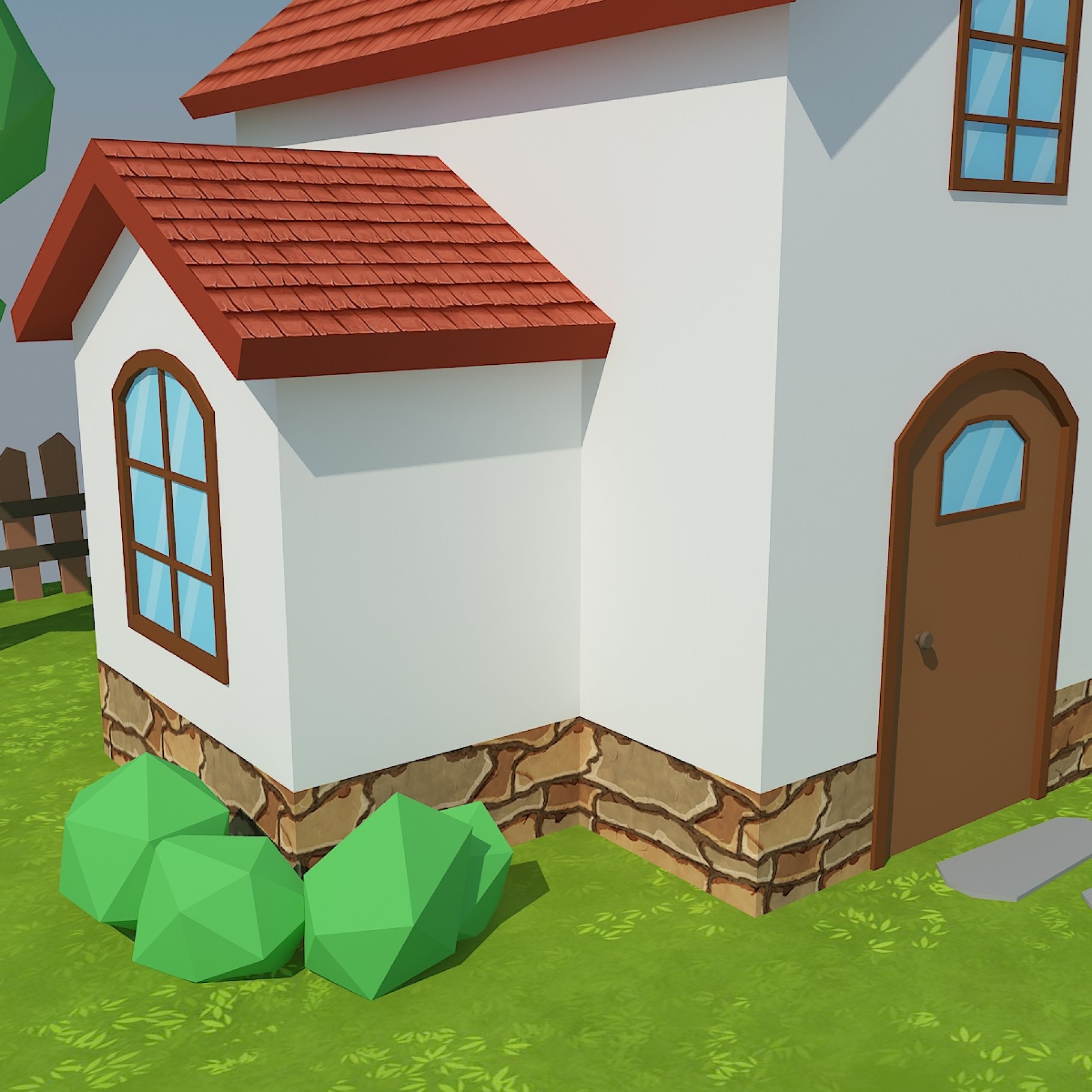 Close-up front mockup of low poly house.