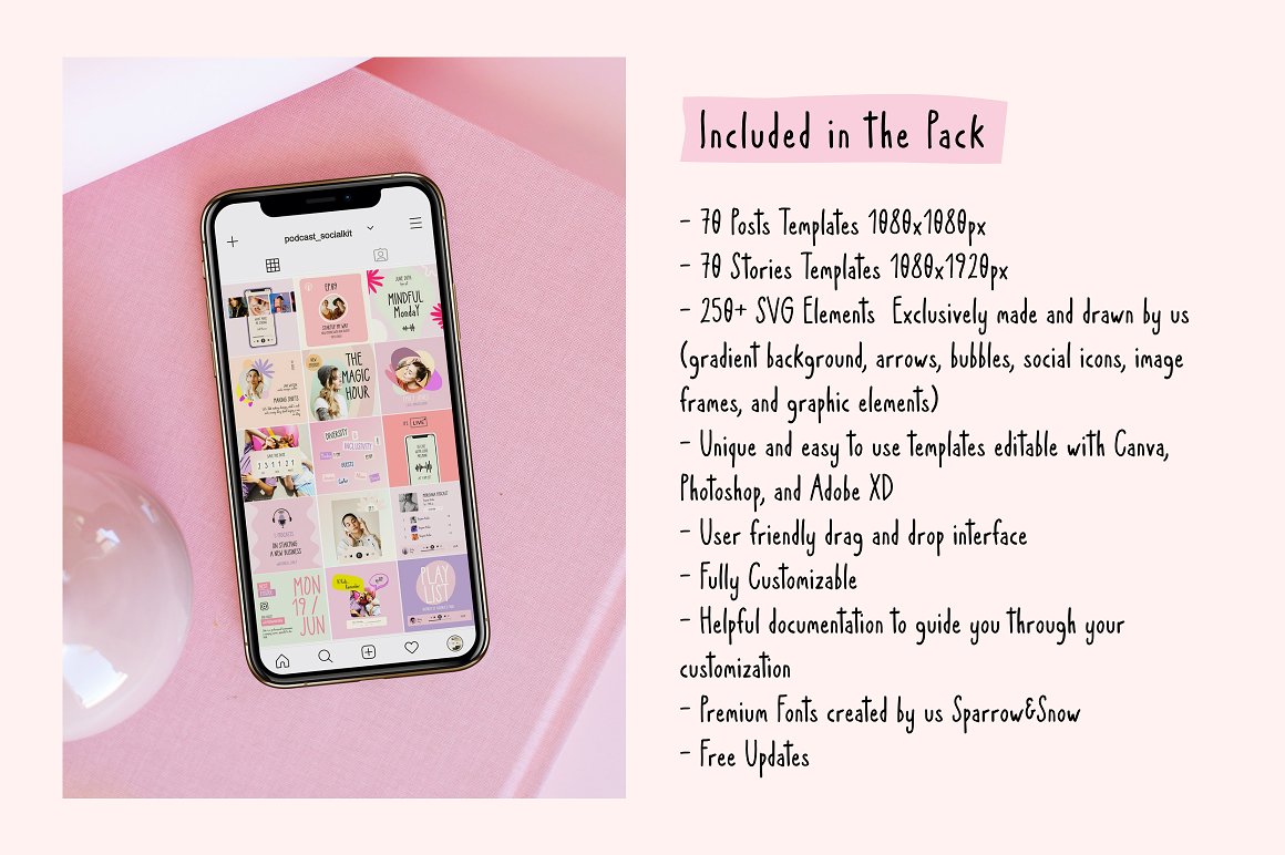 Black bulleted list "Included in the Pack" and photo of iphone mockup with Instagram page on a pink backgound.