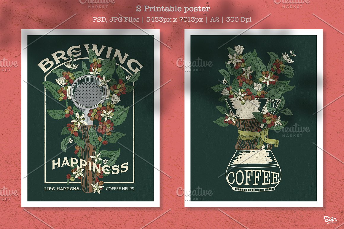 2 printable posters of coffee in white frame on a pink background.
