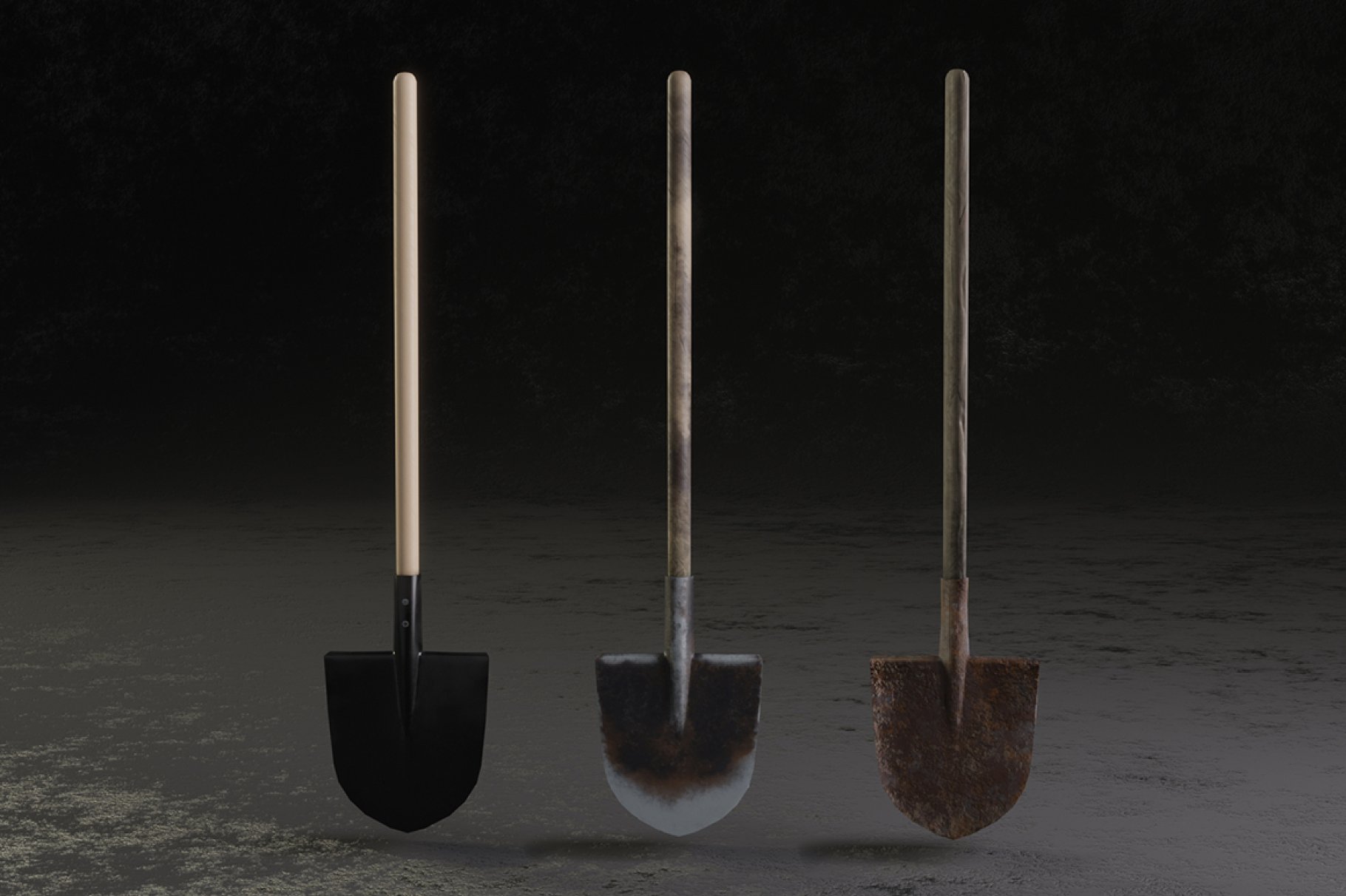 3 different pointed shovels on a dark gray background.