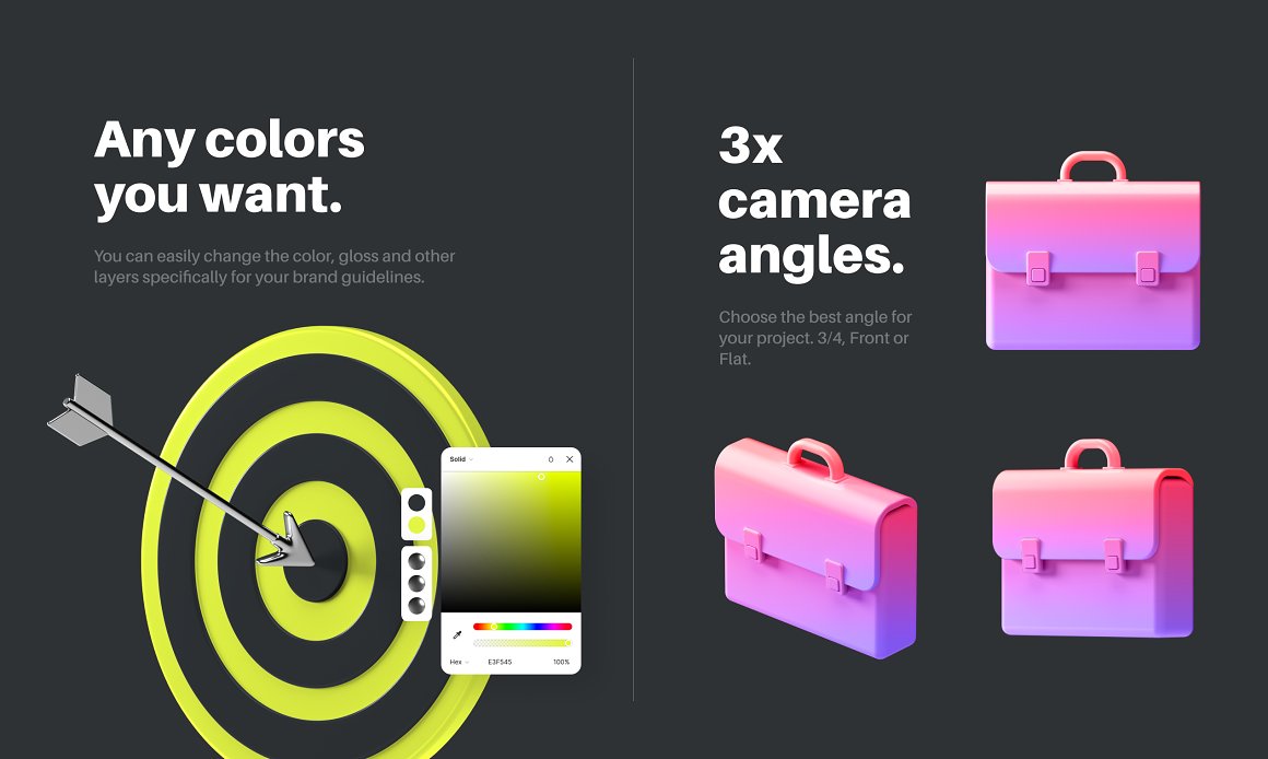 White lettering "Any colors you want." and "3x camera angles." with 3 icons on a black background.