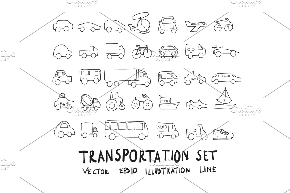 Transportation black icons bundle on a white background.