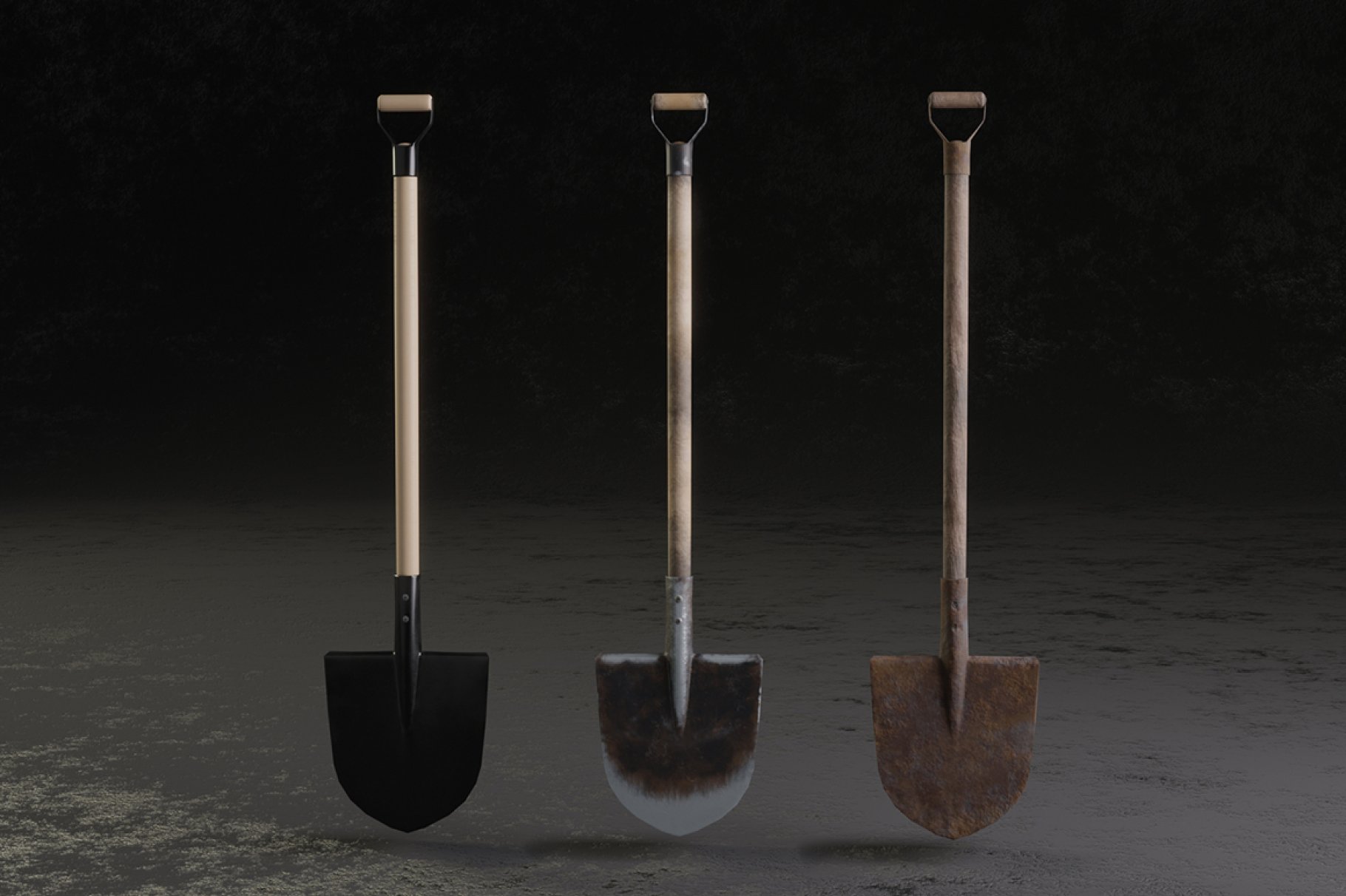 3 different pointed shovels with handles on a dark gray background.