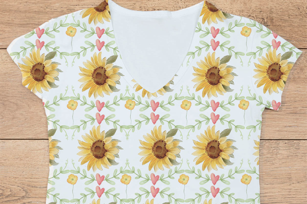 White t-shirt with sunflowers illustrations.