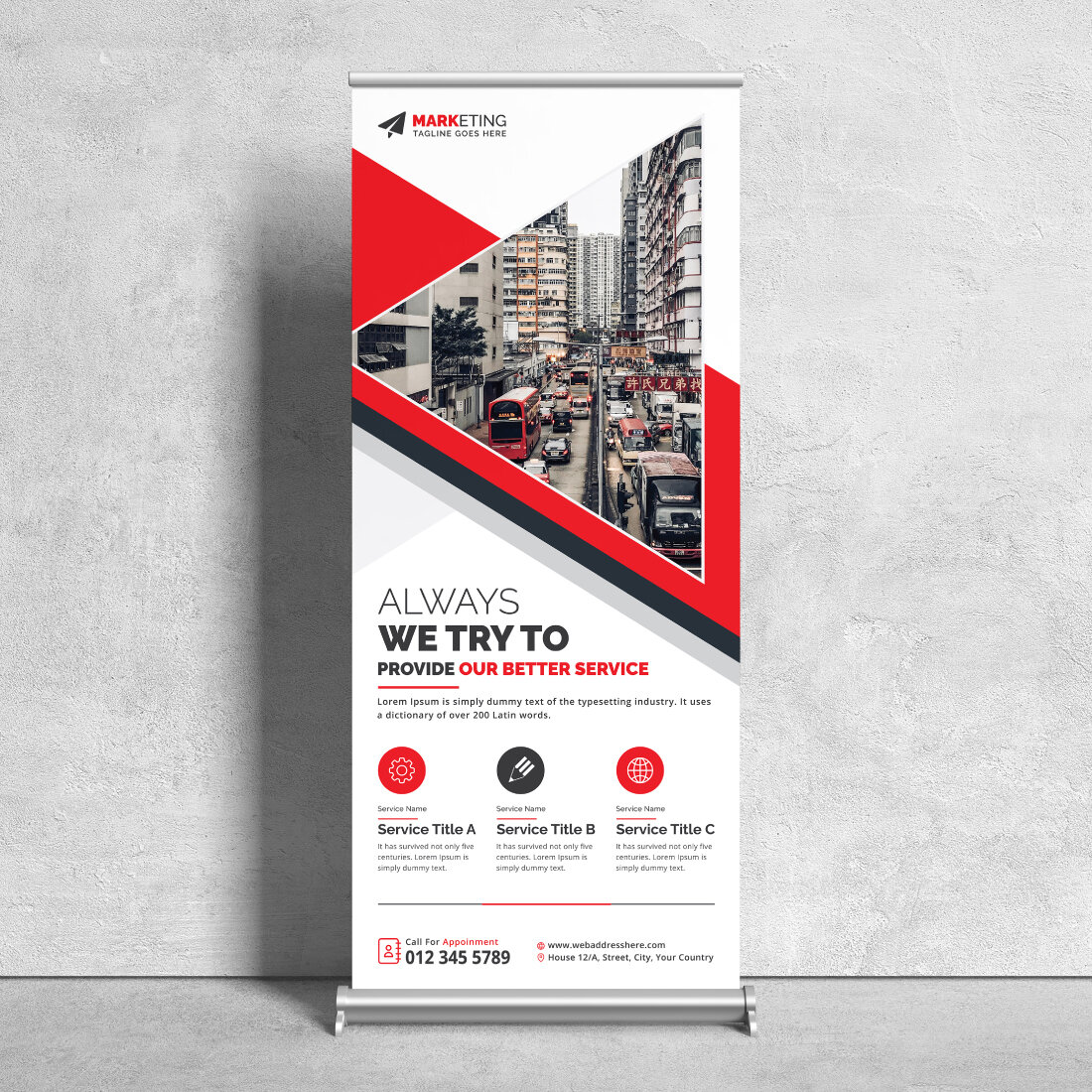 Image of corporate roll up banner in unique red design