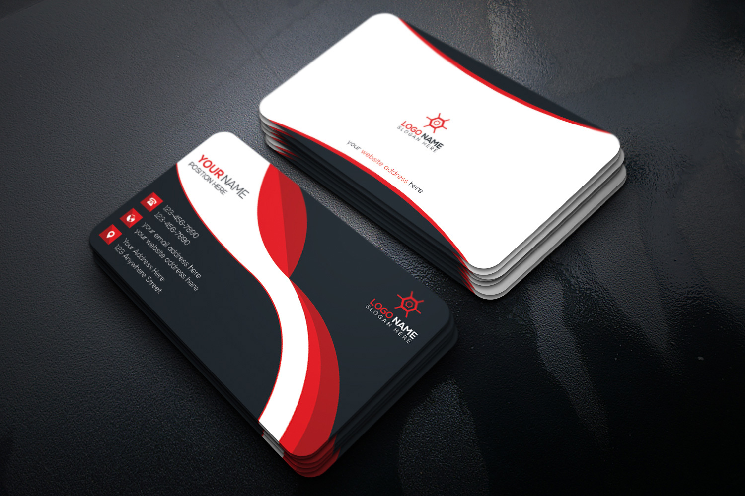 Professional Business Card with Red Design Template preview image.