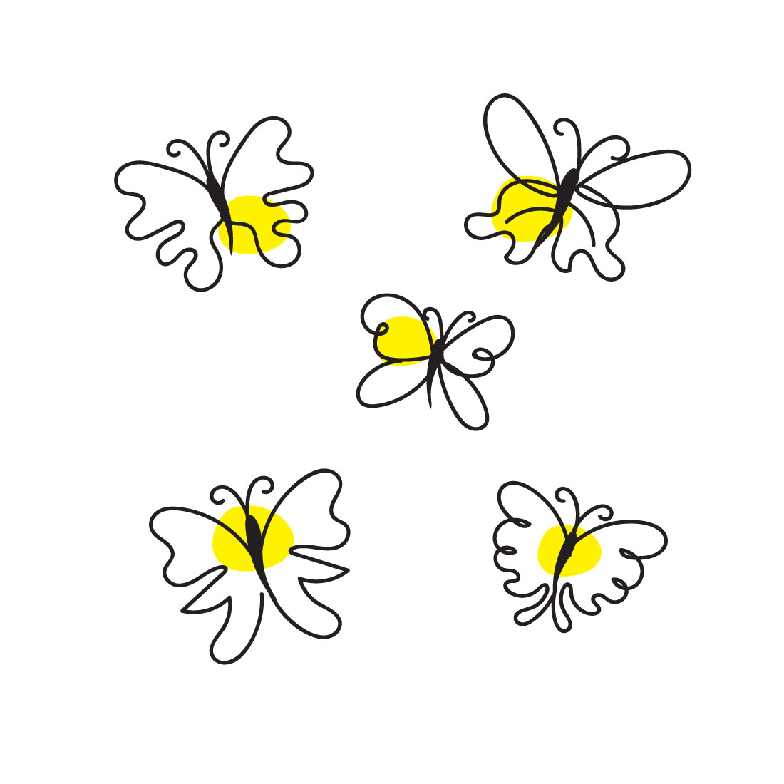 Four yellow and black butterflies on a white background.