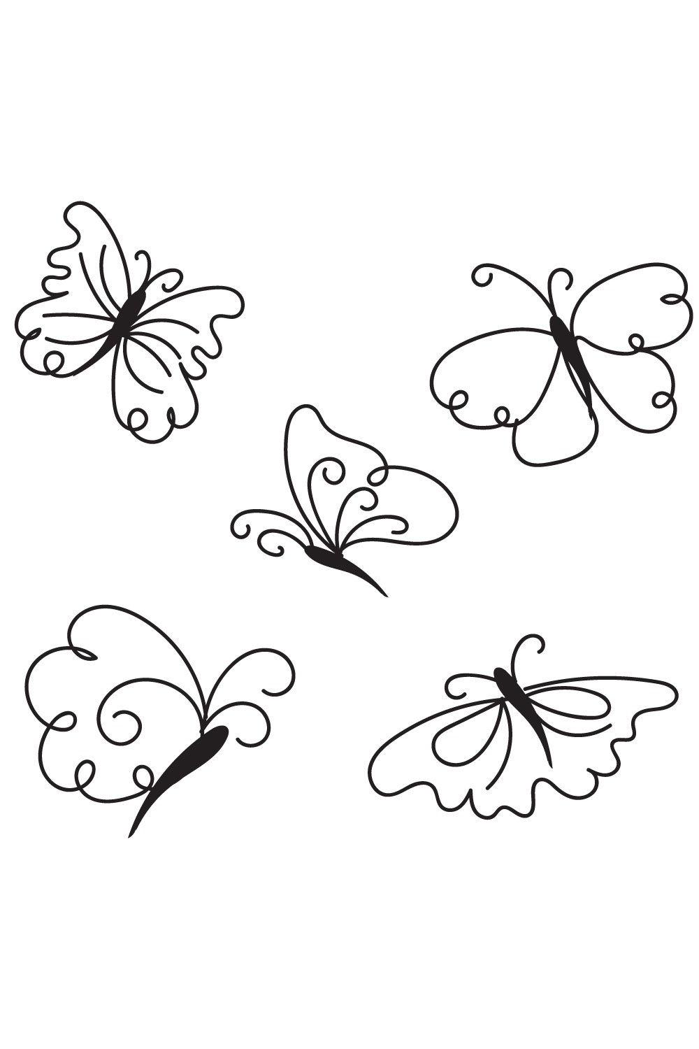 Set of four butterflies flying in the air.