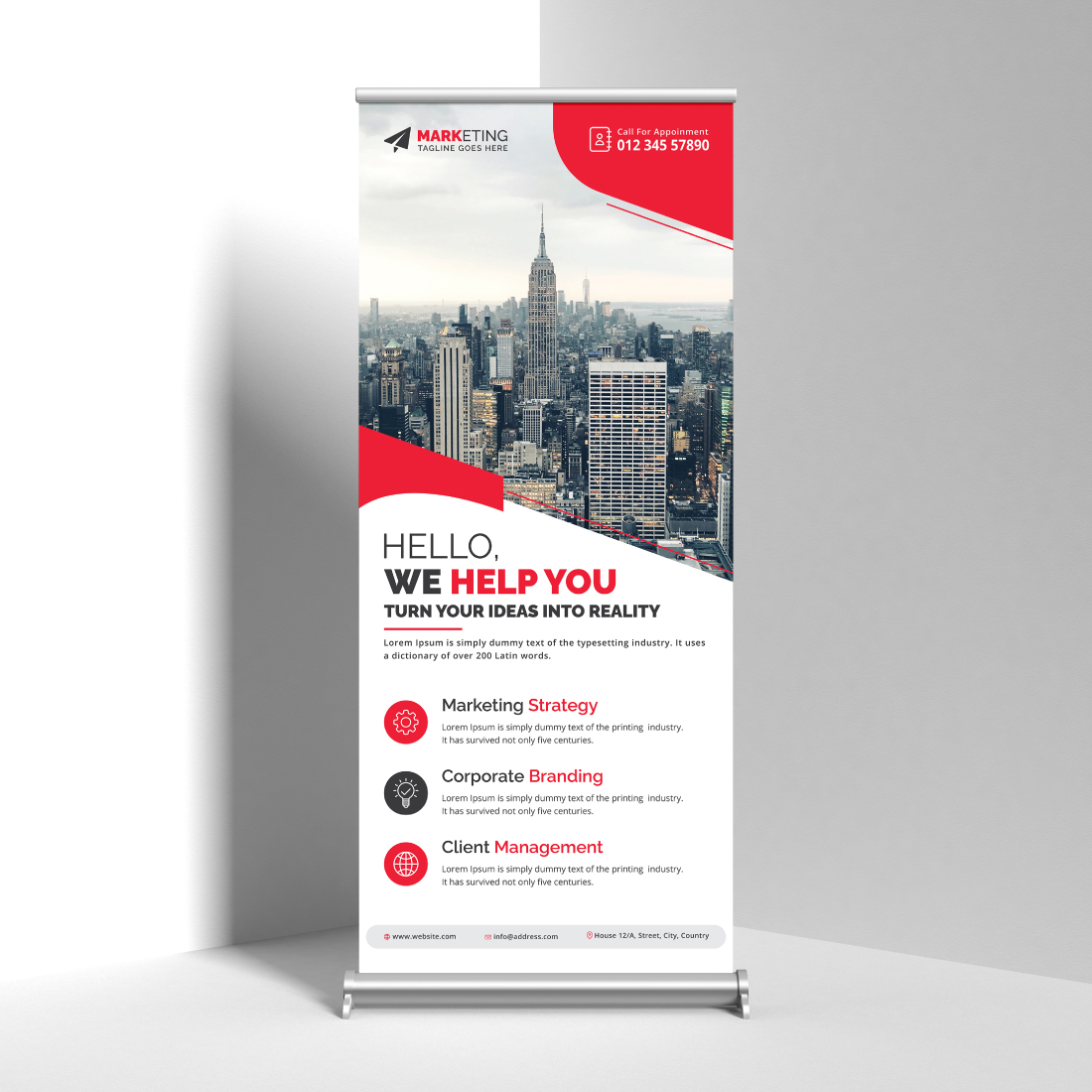 Image of corporate roll up banner in unique red design