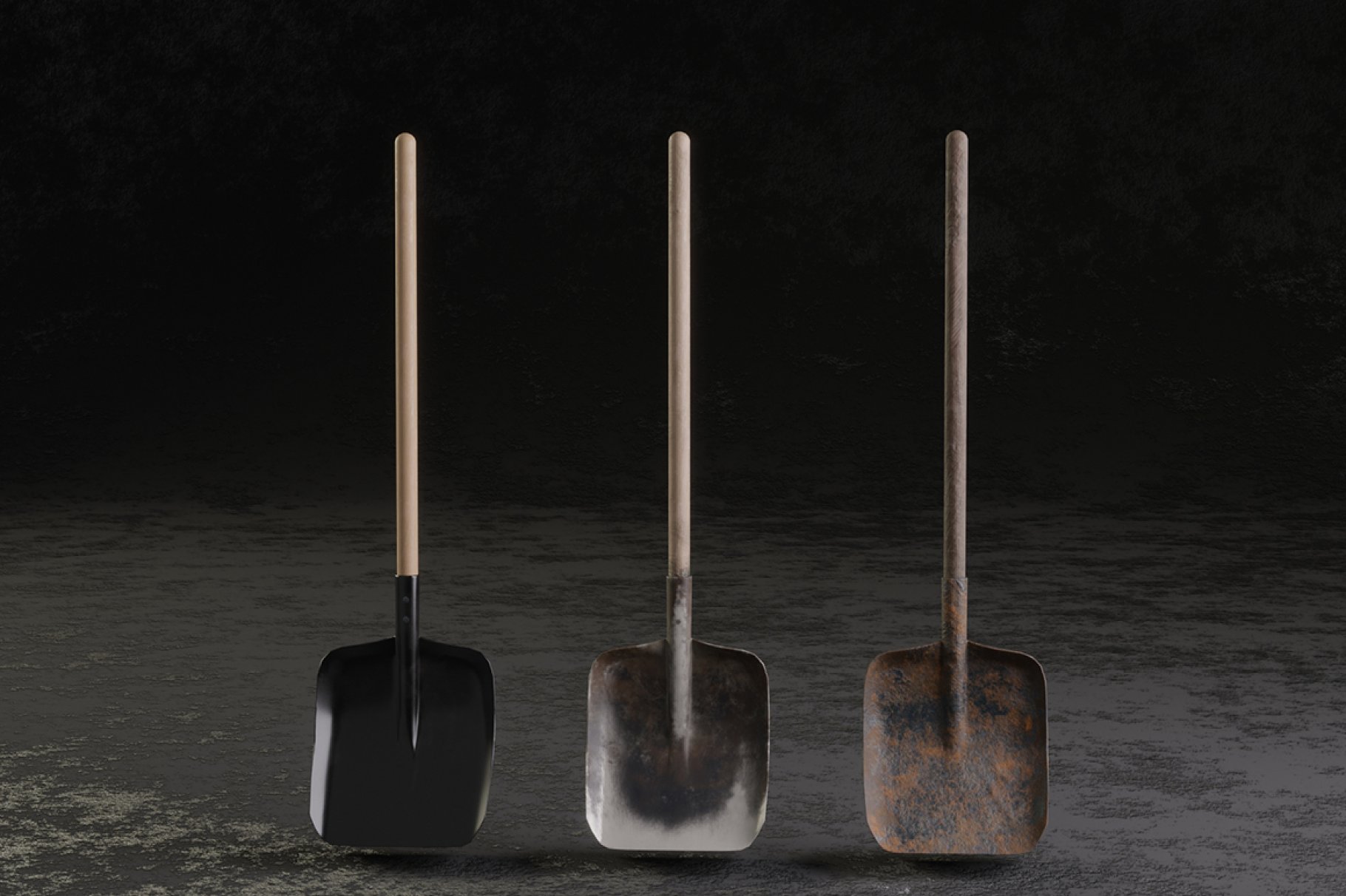 3 different squared shovels on a dark gray background.