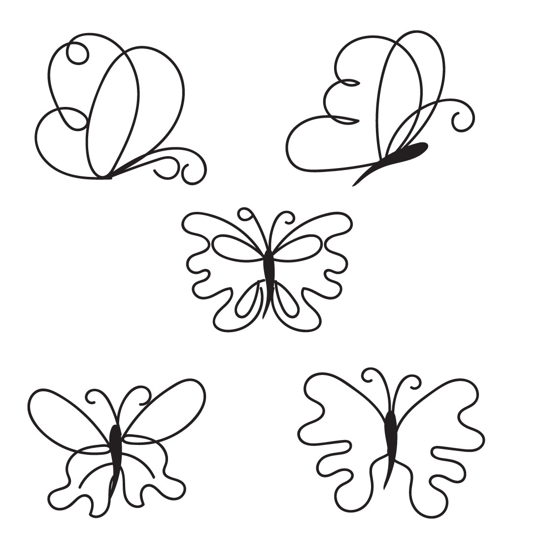 Set of four black and white butterflies.