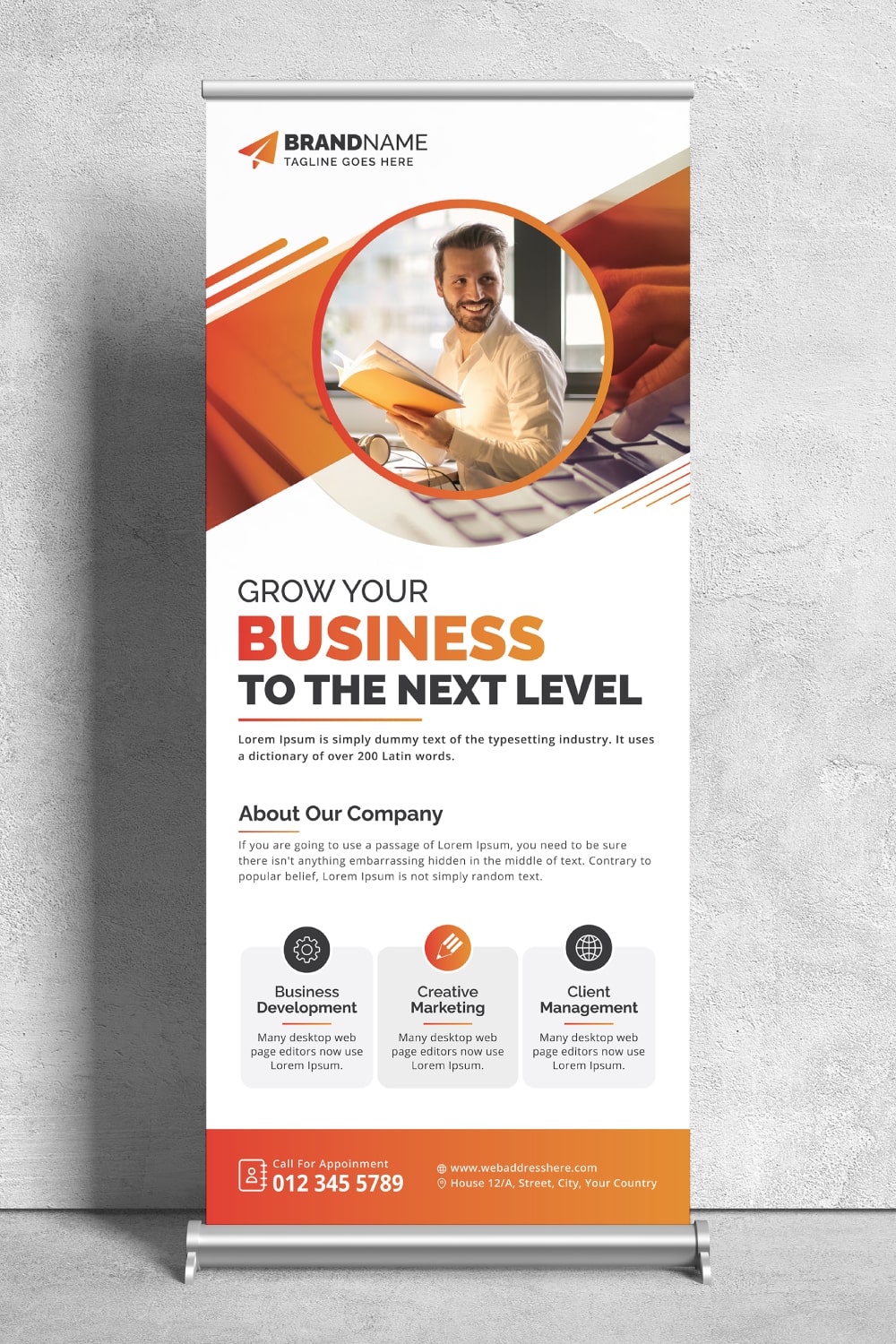 Image of corporate roll up banner in colorful yellow design