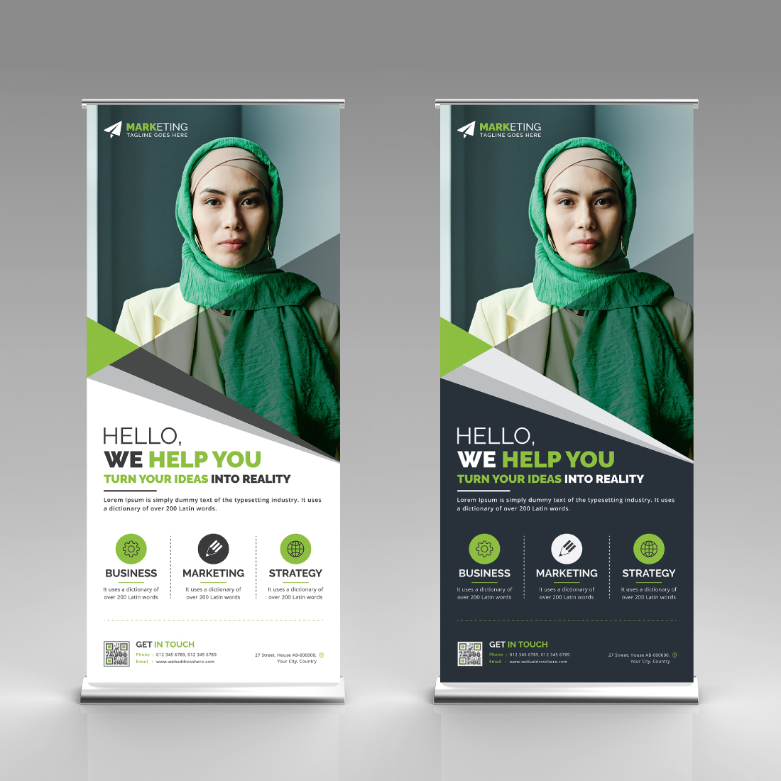 Image of a corporate roll up banner in a beautiful green design