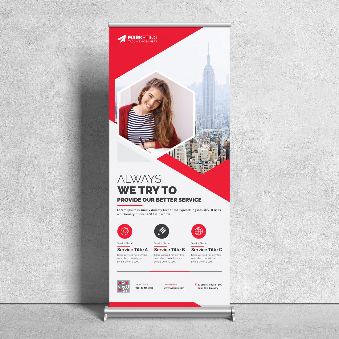 Image of corporate roll up banner in unique red design