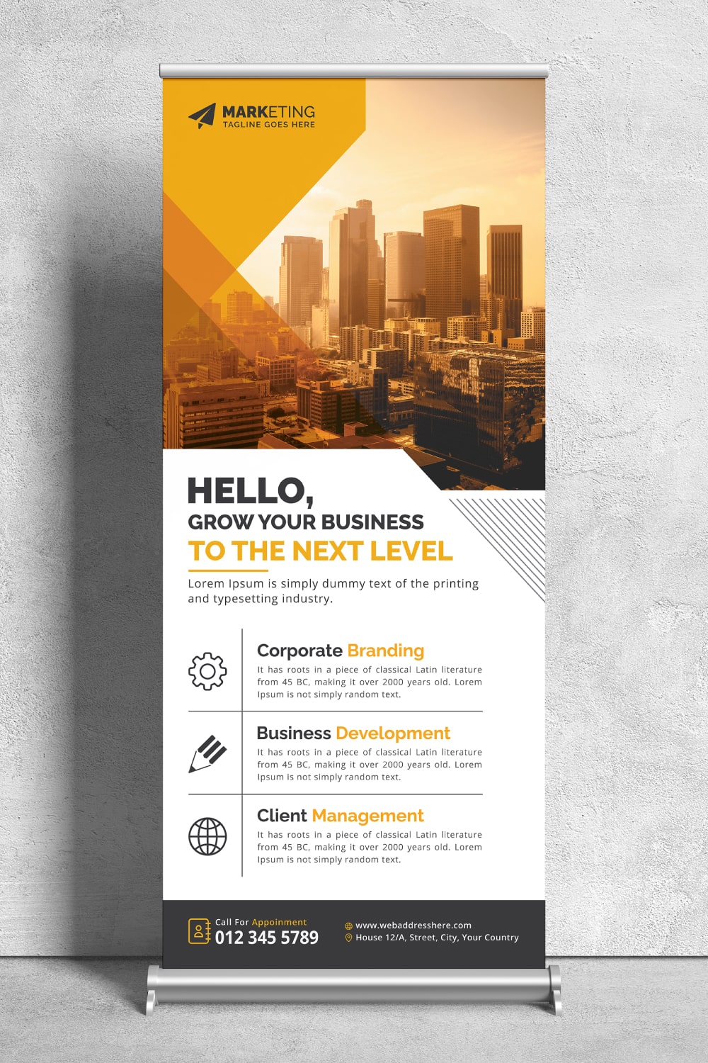 Image of corporate roll up banner in irresistible yellow design