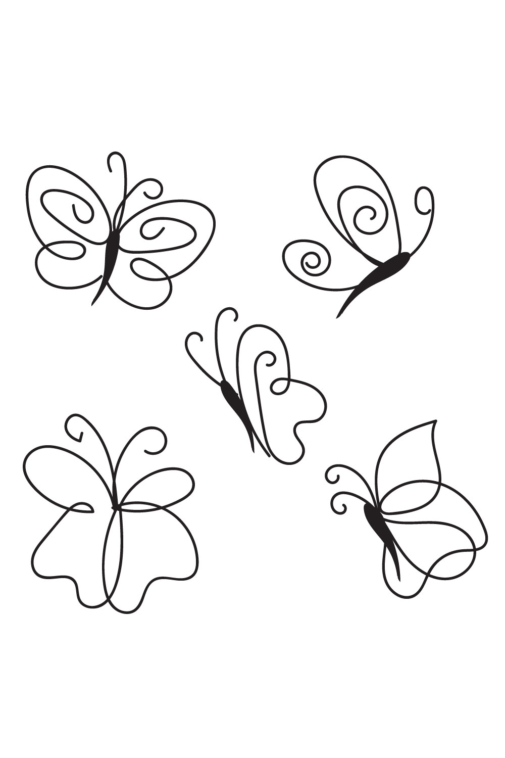 Set of four black and white butterflies.