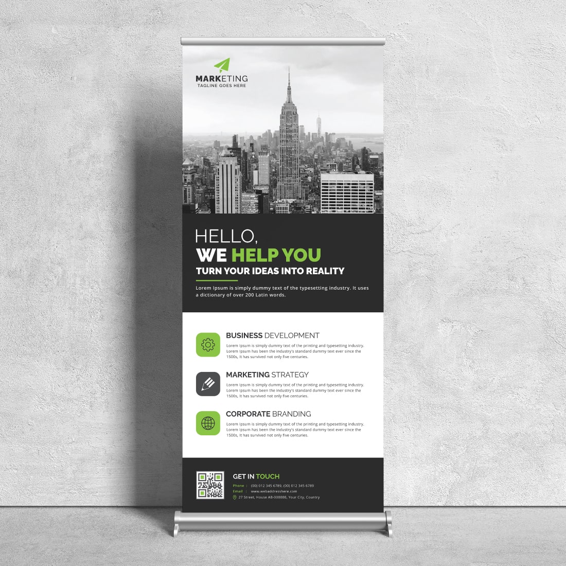 Image of a corporate roll up banner in a beautiful green design