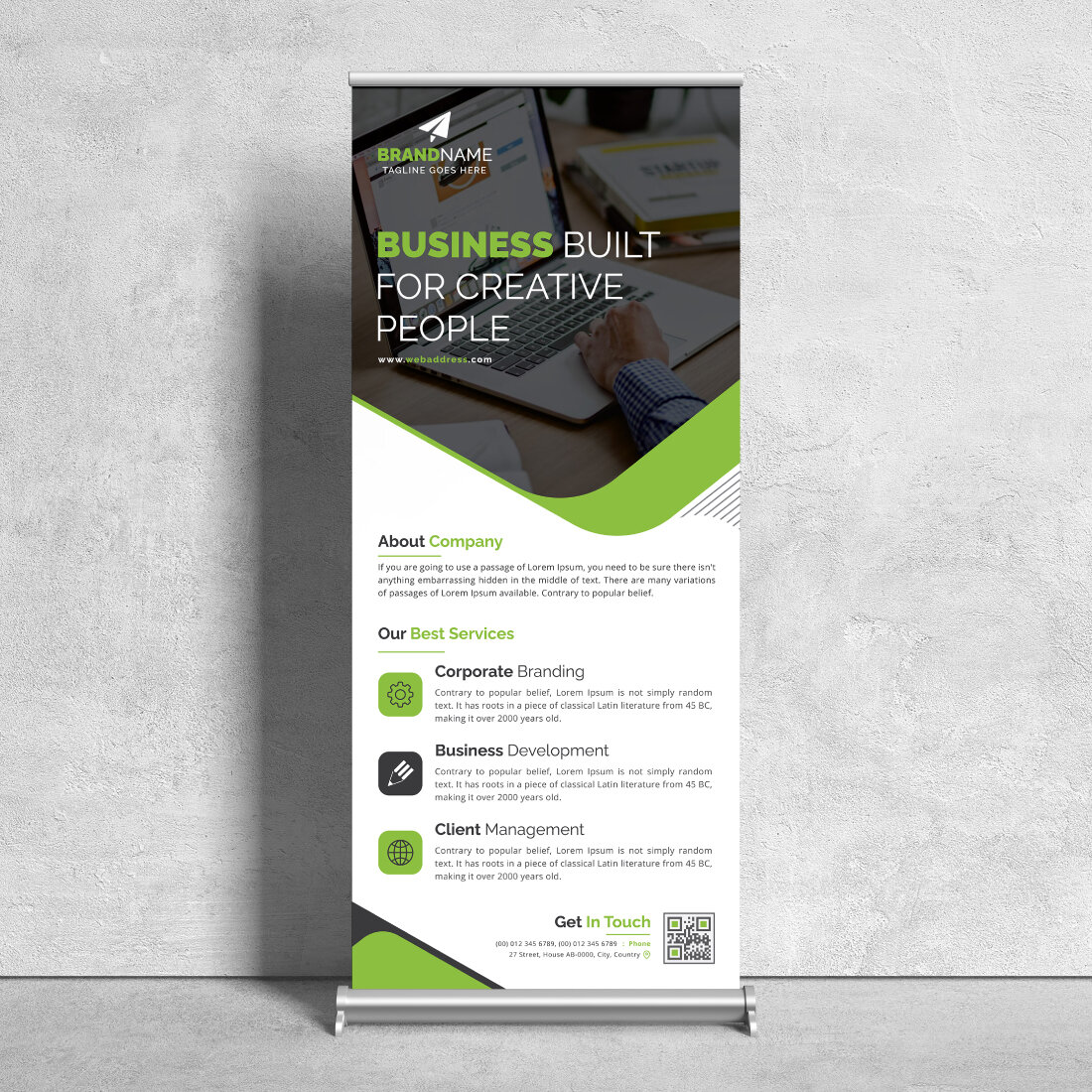 Image of a corporate roll up banner in a beautiful green design