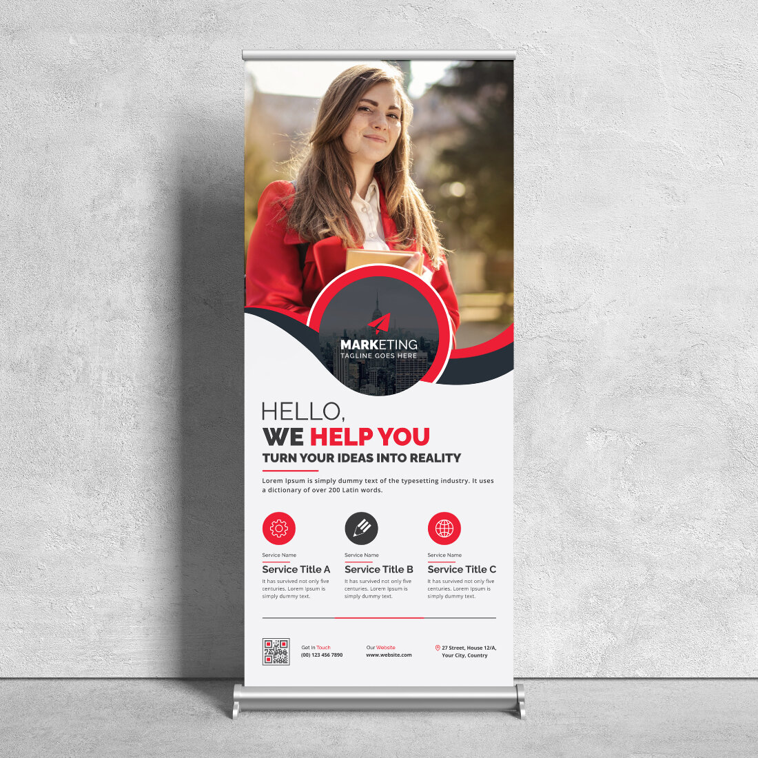 Image of corporate roll up banner in unique red design