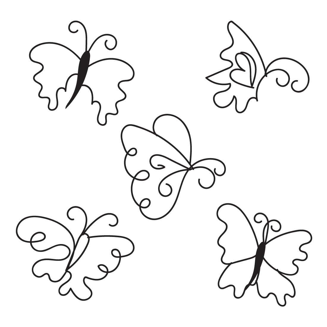 Set of four butterflies with swirly wings.