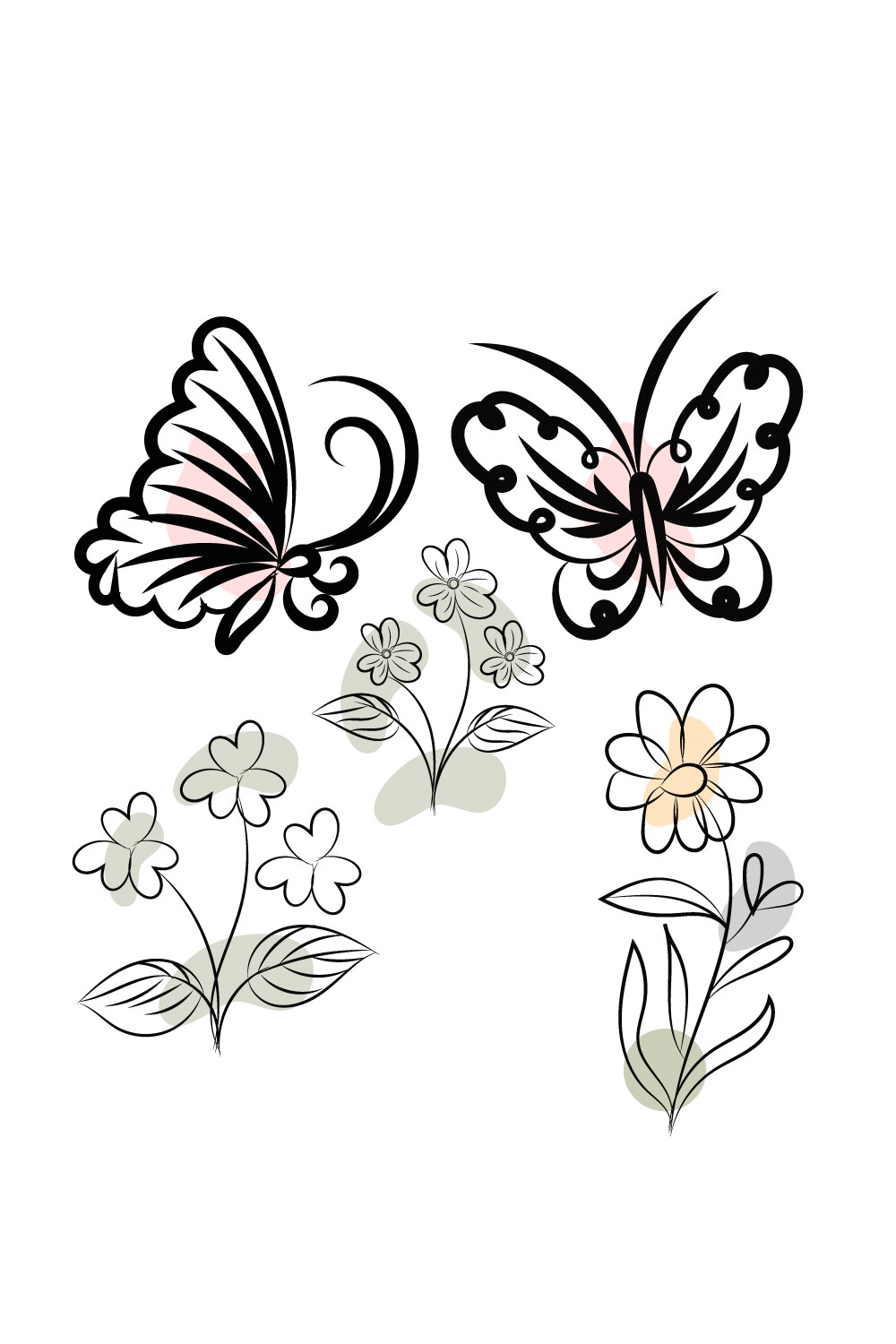 Drawing of three butterflies flying over a flower.