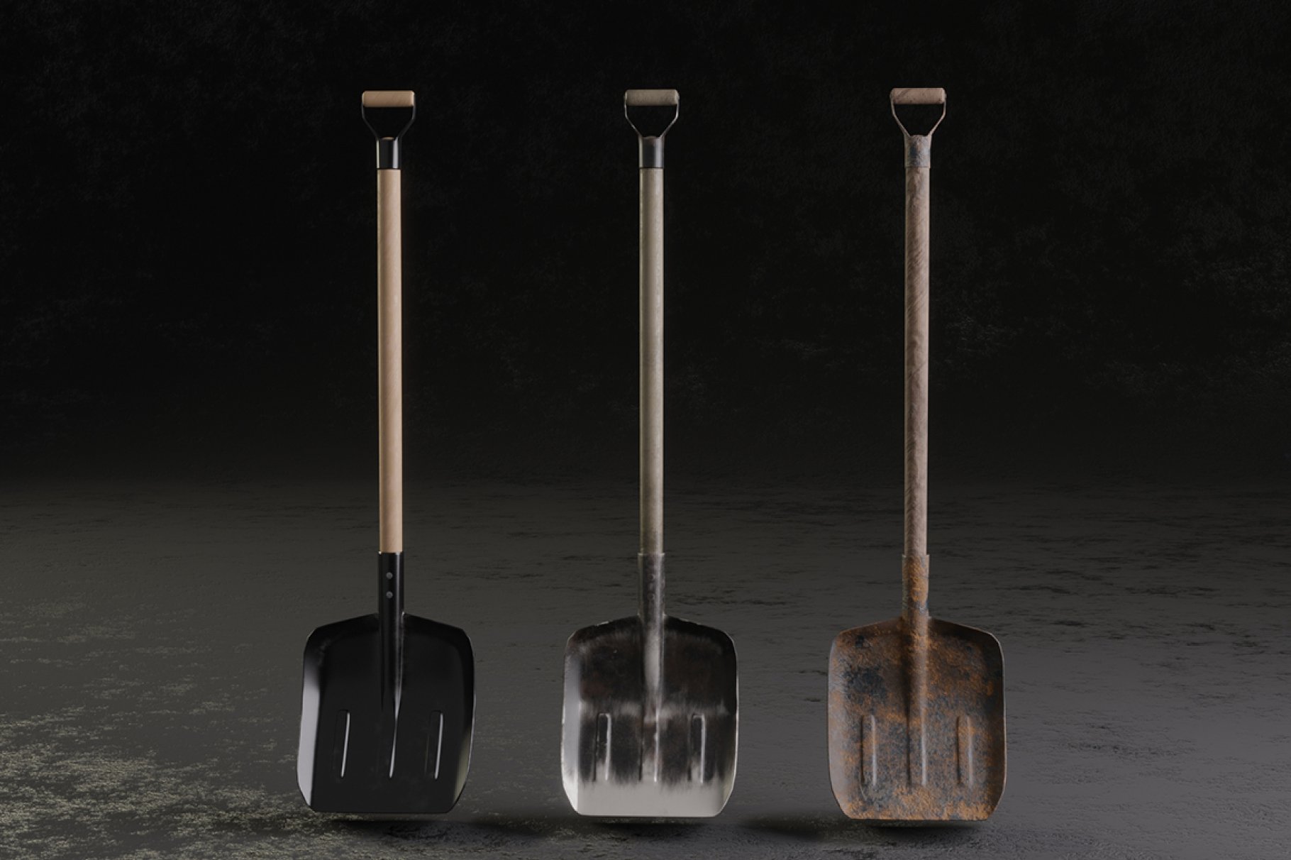 3 different squared shovels with handles.