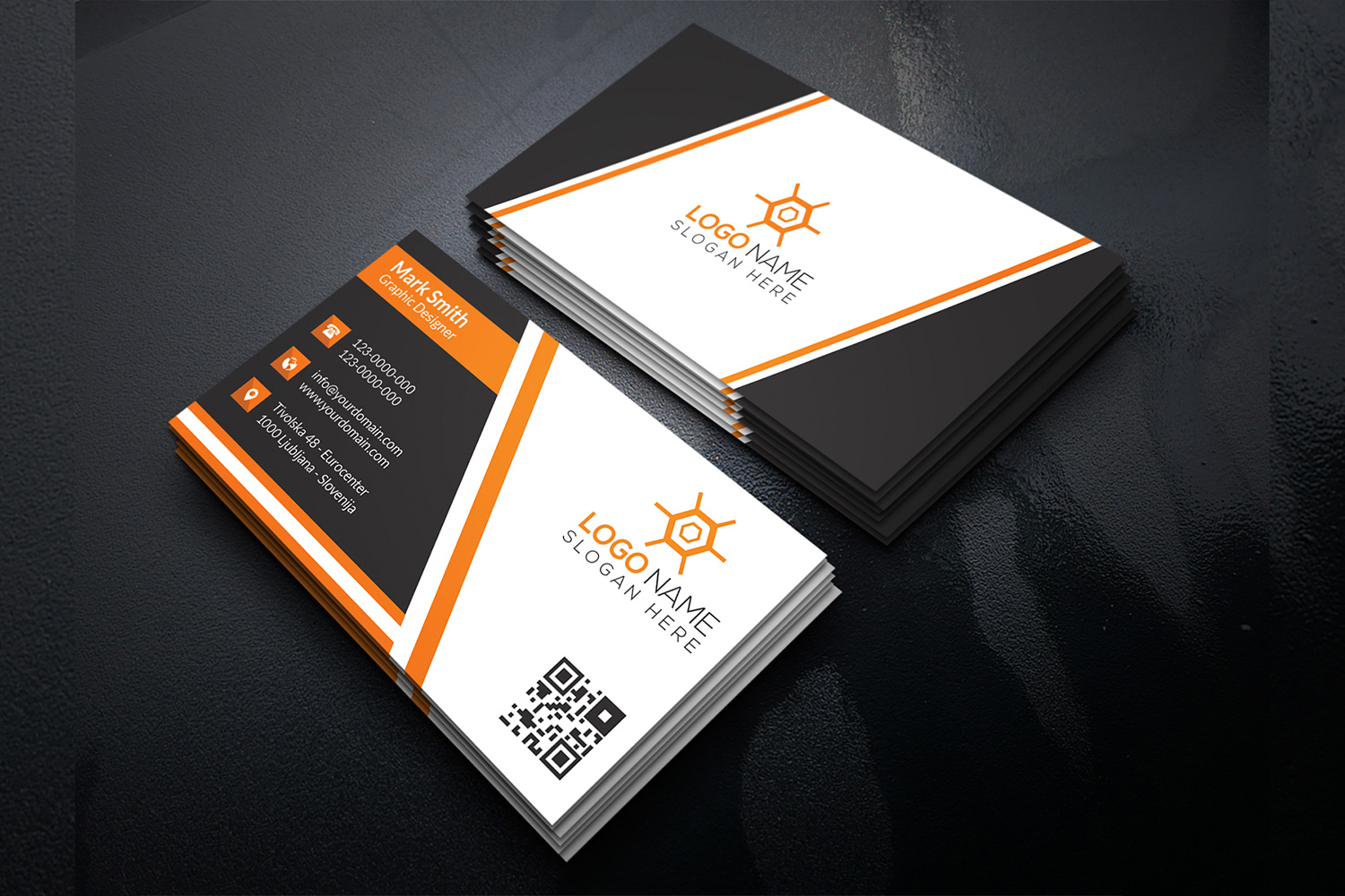 Laconic business cards with orange lines.